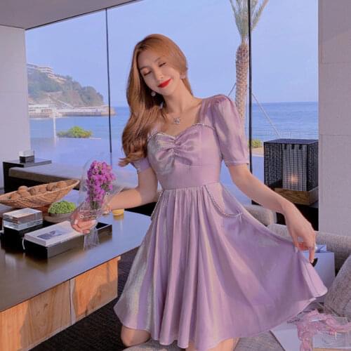 Summer Purple Elegant Dress Women French Retro Casual Sweet Fairy Dress Female Pretty Party Club Holiday Kawaii Dress 2021 New