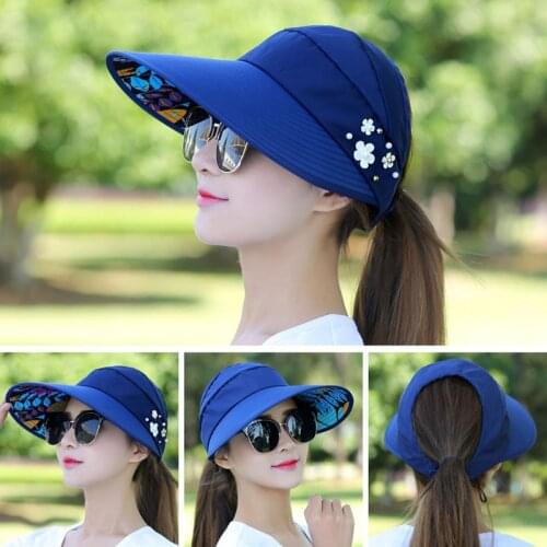 Summer Hats Women Foldable Sun Hat Pearl Flower Visor Suncreen Beach Floppy Cap Female Outdoor Casual Baseball Caps Adjustable
