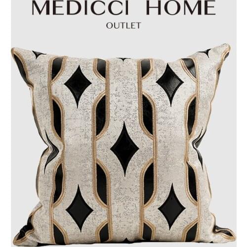 Medicci Home Highly Unique Cushion Cover Leather Patch Embroidery Modern Luxury Pillow Case Sitting Room Sofa Boutique Art Deco