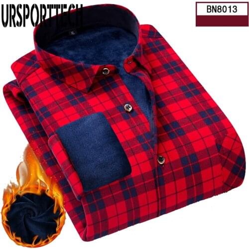 URSPORTTECH Plus Size 4XL Winter Mens Plaid Thermal Shirts Long Sleeve Warm Red and Blue Printed Mens Shirts Casual Regular Fit