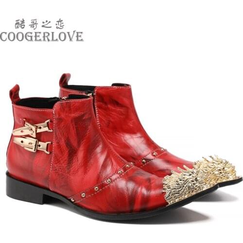 Autumn Party Mens boots Lron head Tip Rivet Metal buckle Cowhide Gao Bang Luxury Leather boots Social contact Wedding shoes