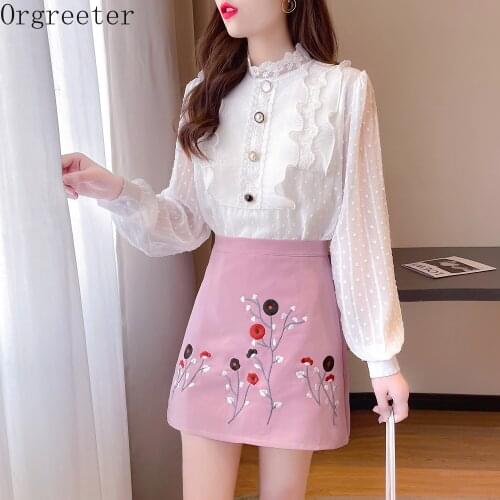 Spring Fall Stand collar Ruffles Trim Pearl Button Dot Chiffon Shirt and High waist Flower Embroidery A-line Mini Skirt Suits