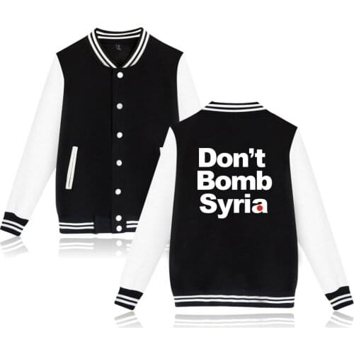 Latest Don't Bomb Syria Print Fashion Hip Hop Baseball Jacket Men Women Casual Long Sleeve Hoodies Jackets Sweatshirt Coats Tops