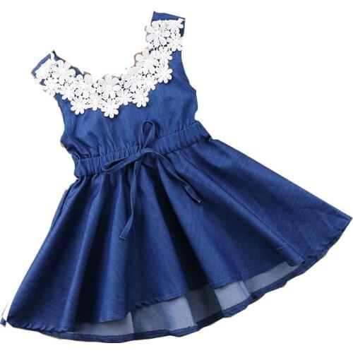 New Toddler Infant Child Kids Princess Baby Girls Summer Lace Floral Denim Party Dress Cute Sleeveless Sundress 1-6 year