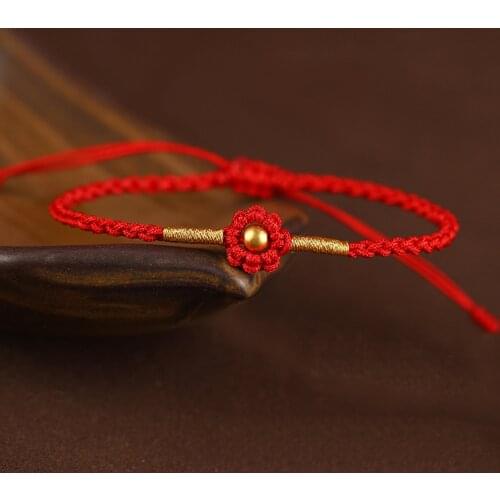 New Arrival Real 24K Yellow Gold Bracelet Woman Luck Smooth Bead with Red Cord Flower Style Weave Bracelet