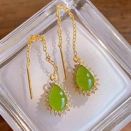 New silver inlaid natural Hetian Jasper Drop Earrings Chinese style retro unique ancient gold craft charm womens jewelry