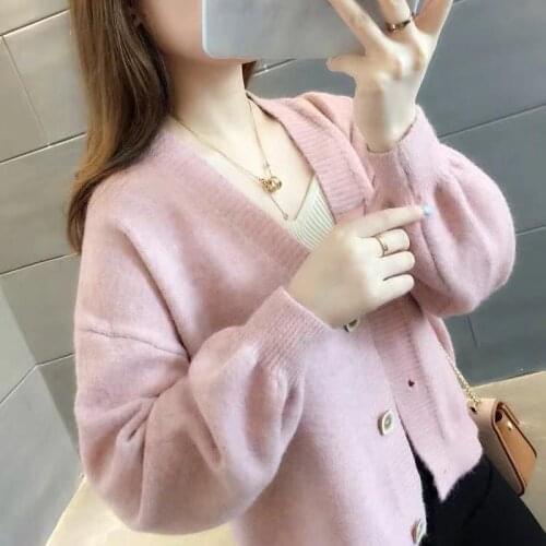 Autumn Winter Knitted Female Cardigan Loose Streetwear Knit Sweater Coat Cute Solid V Neck knitted cardigan Women Jacket S-2XL