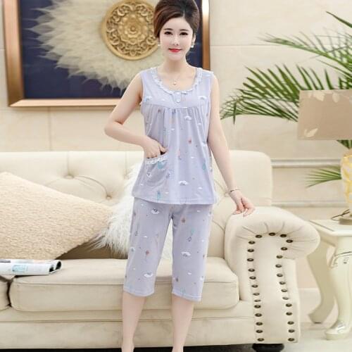 Cotton vest cropped trousers pijama for women summer print lace ladies casual set o-neck shortless female homewear plus size 4XL
