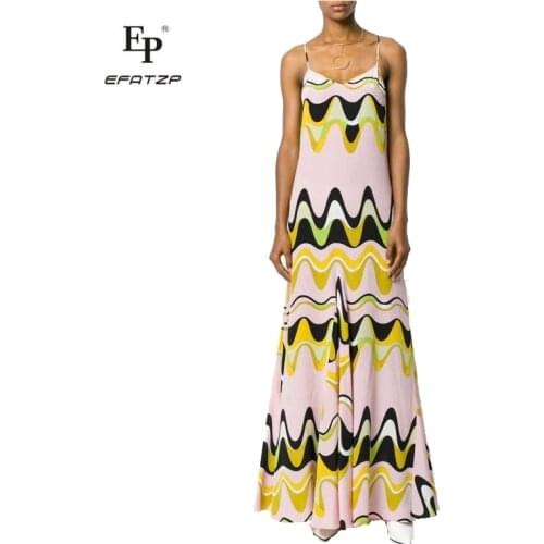 EFATZP Dresses New lady Bohemia fashion, beautiful print, elastic, slim, long Spaghetti Strap silk dress