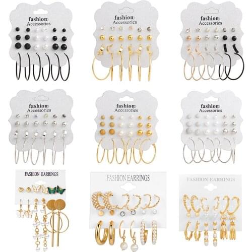 Retro Metal Round Imitation Pearl Cute Butterfly Earrings Set Women Fashion Geometric Earring Girl 2021 Popular Jewelry