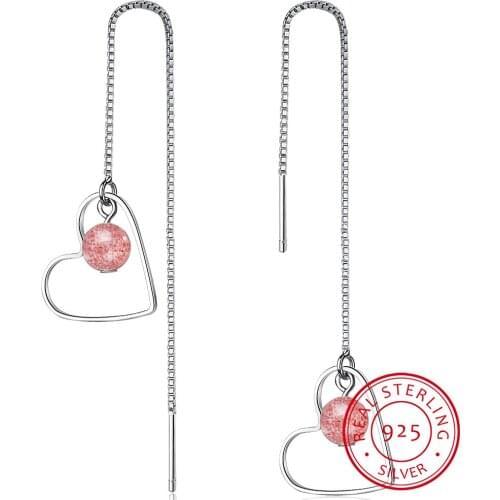 New Exquisite Fashion Ear Line Love 925 Sterling Silver Jewelry Heart Shaped Pink Strawberry Crystal Ball Dangle Earrings Se690