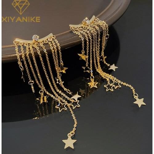 XIYANIKE Geometric Shining Star Tassel Earrings Long Style Elegant Fashion Banquet Party Golden Earrings Dangle Jewelry Women