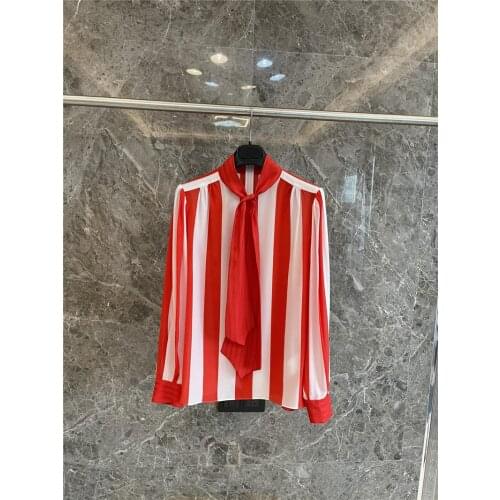 Women 100% 2021 Silk Crepe De Chine Blouse Spring Summer Red And White Striped Long-Sleeved Shirt All-Match Long Sleeved