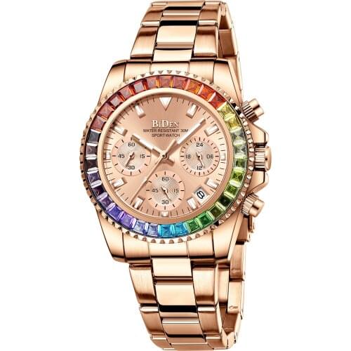 BIDEN 0163 Rainbow Crystals Diamond Womens Wristwatches with Stainless Steel Strap Ladies Quartz Watch
