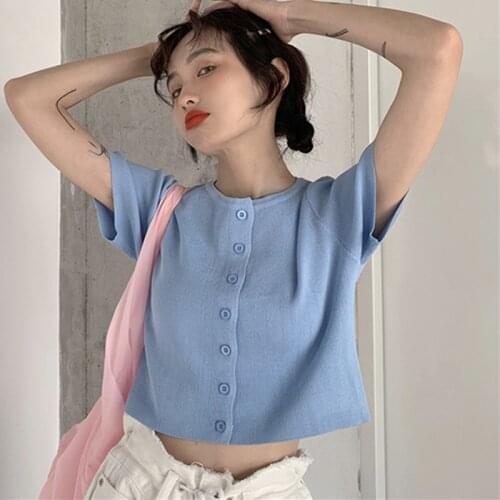 Womens Single-breasted Tops Fashion O Neck Solid Short Sleeve Knitted Sexy Slim Tops T-Shirt New Hot Sale