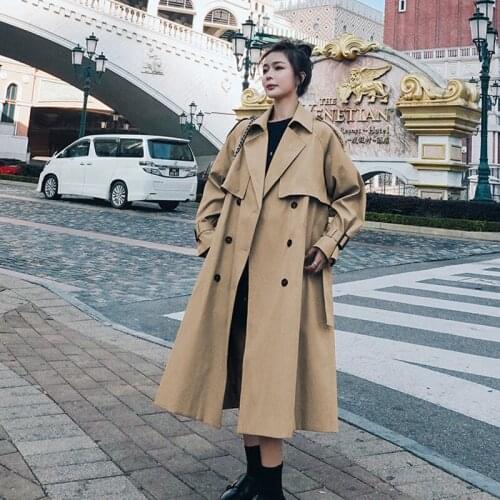 England Style Women Trench Coat Long Double-Breasted with Belt Female Outerwear Spring Autumn Khaki Lady Loose Windbreaker