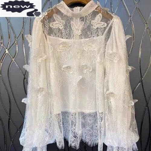 2021 Spring Runway Butterfly Lace White Women Streetwear Lantern Sleeve Sweet Lady Blouse Fashion Shirts 2 Piece Set
