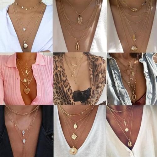 Tocona Bohemia Shell Pendant Necklace for Women Hollow Virgin Mary Cross Shell Moon Star Eyes Chain Choker Jewelry Wholesale