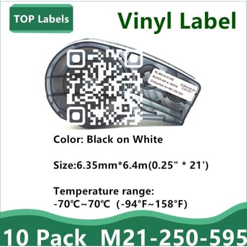 10Pack 0.25" Label M21-250-595 Ribbon Vinyl Labels Black on White Compatible for BMP21-PLUS,BMP21 LAB,IDPAL LABPAL Printer