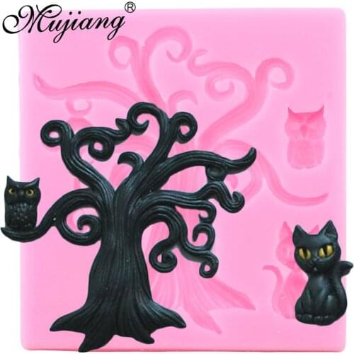 3D Craft Halloween Tree Silicone Molds Owl Cat Cake Border Fondant Cake Decorating Tools Candy Clay Chocolate Gumpaste Moulds