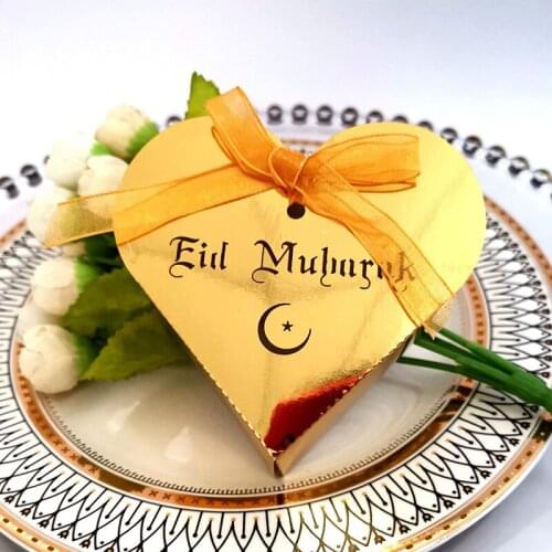 50pcs Eid Mubarak Love Heart Candy Box Favor Box Ramadan Gift Boxes & Ribbon Islamic Muslim Festival Happy Eid Party Decoration