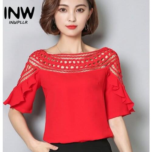 Summer Womens Tops And Blouses Mujer 2018 Hollow Lace Tops Large Size Women Blouses Shirts Ruffled Chiffon Blusas Femininas