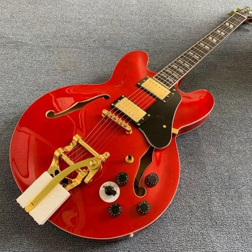 Jazz Hollow Body Electric Guitar, Rosewood fingerboard, 2 F holes, Gold Tremolo system electric guitar, Free shipping