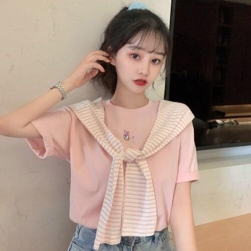 Short-sleeved t-shirt womens striped shawl navy collar summer new style college style tops 2021 Loose Tshirt Female sweet Pink