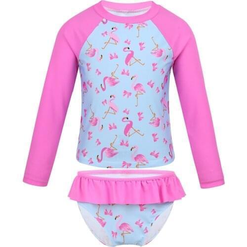 Toddler Kids Girls Swimsuit Two Piece Children Flamingo Printed Swimwear Long Sleeve Tops With Briefs Shorts Summer Beach Wear