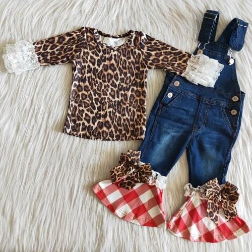 Hot sale kids designer clothes girls overalls with lace shirt boutique kids denim jeans overalls set toddler girl denim overalls