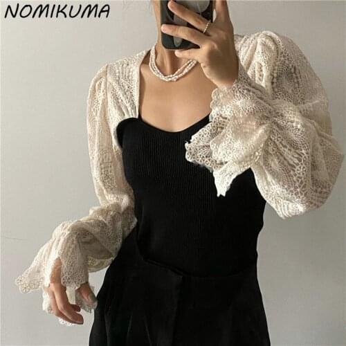 Nomikuma Lace Flare Sleeve Patchwork Knitted Tops Korean Square Collar Women Knitwear 2021 Autumn New Elegant Pullover 6Z368