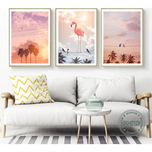 Hummingbirds Flamingo Standing On The Wire Poster Abstract Animal Canvas Painting Wall Art Pictures for Living Room Home Decor