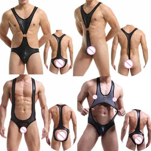 Sexy Men Underwear PU Leather Catsuit Bodysuit Lingerie Gay Jumpsuit Clubwear Wrestling Singlet Leotard Penis Pouch Briefs Thong