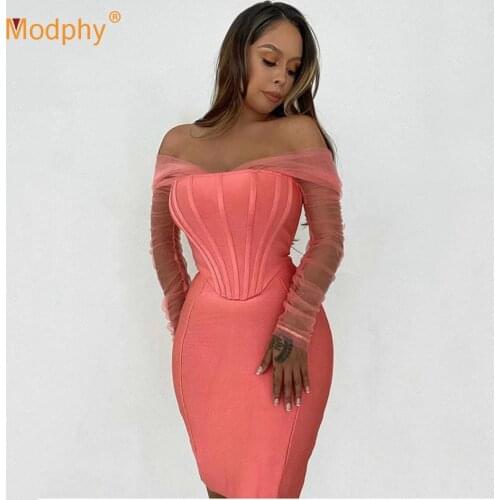 Sexy Off Shoulder Pink Bandage Dress 2021 Summer New Women Long sleeve Bodycon Mini Vestidos Club Night Evening Party Dresses