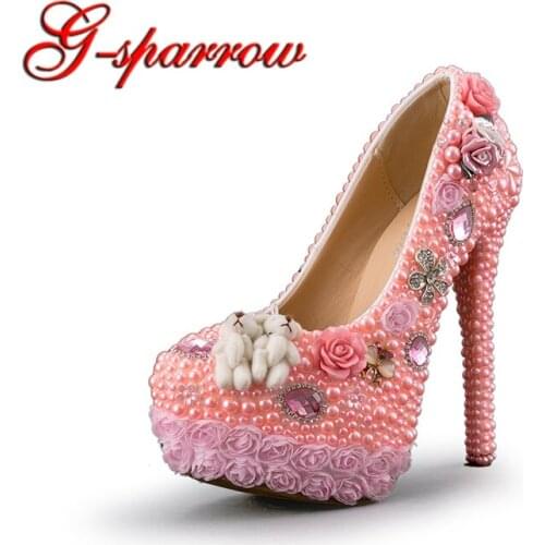 Wedding High Heel Shoes Gorgeous Design Crystal Bridal Dress Shoes Pink Color Pearl Lace Flower Platform Birthday Party Pumps
