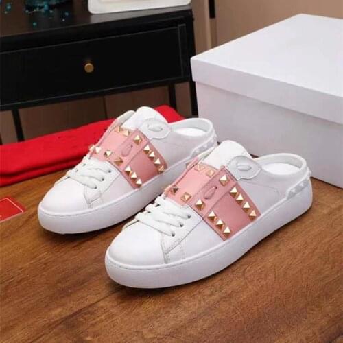 Real Leather Shoes Women Casual Shoes Rivets Decor Slippers Ladies Leisure Shoe Summer New Style Luxury Brand Chic Woman Shoes