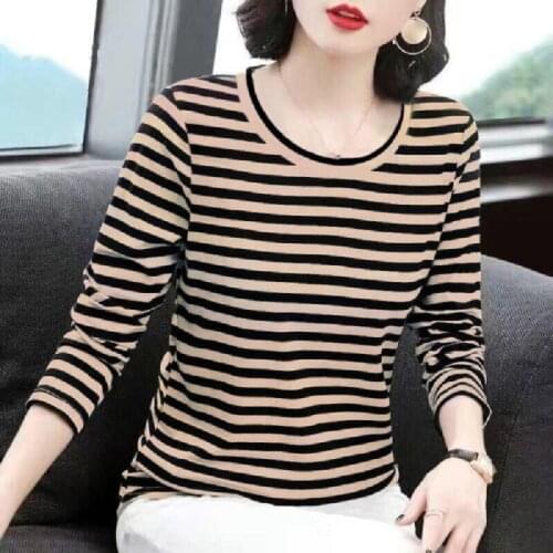2021 New Autumn Spring Polyester O Neck Long Sleeve womens t-shirt Fashion Korean Style Striped Oversized t shirt