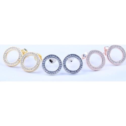 Genuine 925 Sterling Silver Rose Sparkling Circular Forever With Crystal Pandora Earrings For Women Wedding Fashion Jewelry