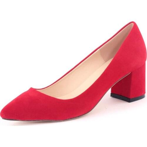 New Women Pointed Toe Office & Career Pumps Solid Color Thick High heels Shoes Pointed Toe Flock 6-8CM Slip On 2020 size 35-42