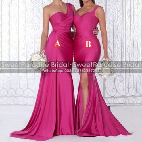 Gorgeous Mermaid Fuchsia Bridesmaid Dresses With Streamer One Shoulder Sleeveless Long Women Dress Maid Of Honor Wedding Party