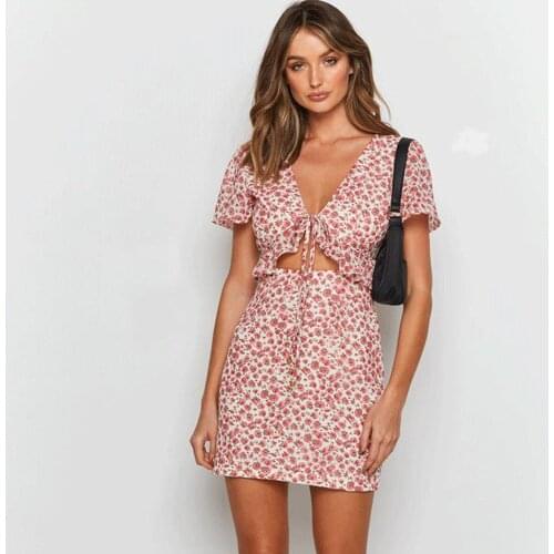 Summer Womens Dress Cotton V-Neck Low-Cut A-Line Skirt High-Waist Short-Sleeved Open Back Floral Dress