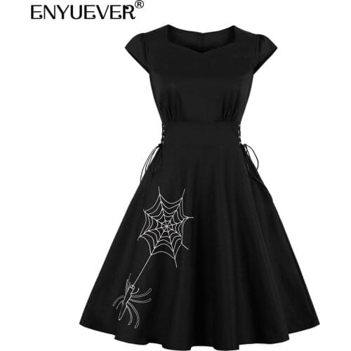 Enyuever Black Goth Dress Women Summer Clothing Cotton Drawstring Embroidery Swing Robe Pin Up Gothic Lolita Retro Vintage Dress