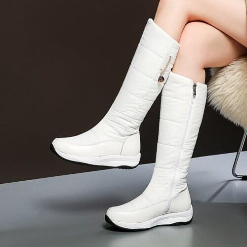 Plus size 35-44 Genuine leather snow boots women wedges platform zipper thick fur warm winter boots white knee high boot