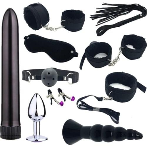 Bondage BDSM Kits Exotic Sex Products for Adults Leather Handcuffs Metal Anal Plug Whip Gag Tail Plug Women Accessories 10PCS