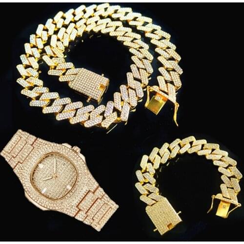 3pcs Kit 20MM Hip Hop Bling Iced Out 3 Row Full Rhinestones Gold Cuban Link Chain Necklace+Watch+Bracelet For Men Charm Jewelry