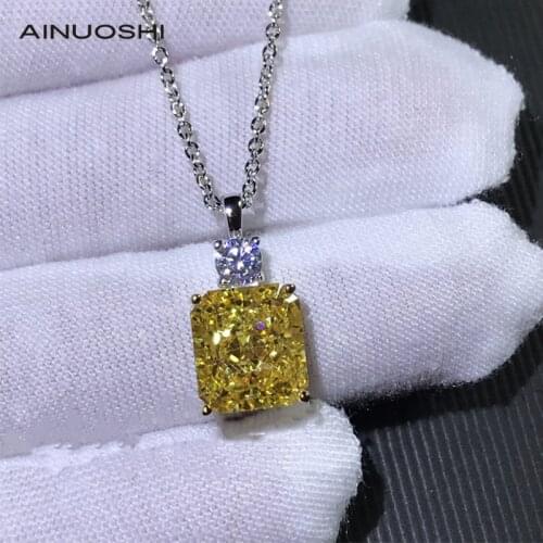 AINUOSHI Radiant Cut Yellow Lad Created Diamond Classic Pendant Necklace For Women 925 Silver Jewelry Gifts Chain Length 40+5cm
