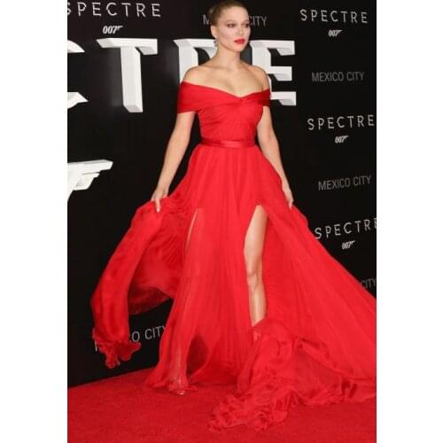 Long Red Off Shoulder Chiffon Celebrity Dresses A-Line Robe De Soiree Floor Length Lace Up Side Slit Formal Dresses for Women