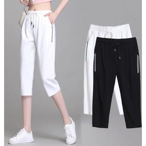 Joggers Women Sweatpants 3/4 Summer Capris Pants Drawstring Elastic High Waist Sport Casual Calf Length Trousers Plus Size