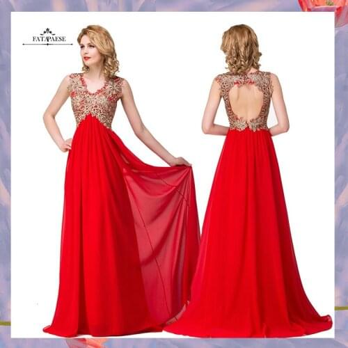 FATAPAESE Glorious V-neck Evening Dresses Gold Appqulies Beaded Crystal Lace Formal Party Dresses Sexy Open Back robe de soiree