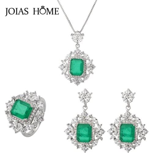 JoiasHome 925 Sterling Silver Fashion Woman Jewelry sets Emerald Gemstone Retro Simple Necklace Earrings Rings for Gifts